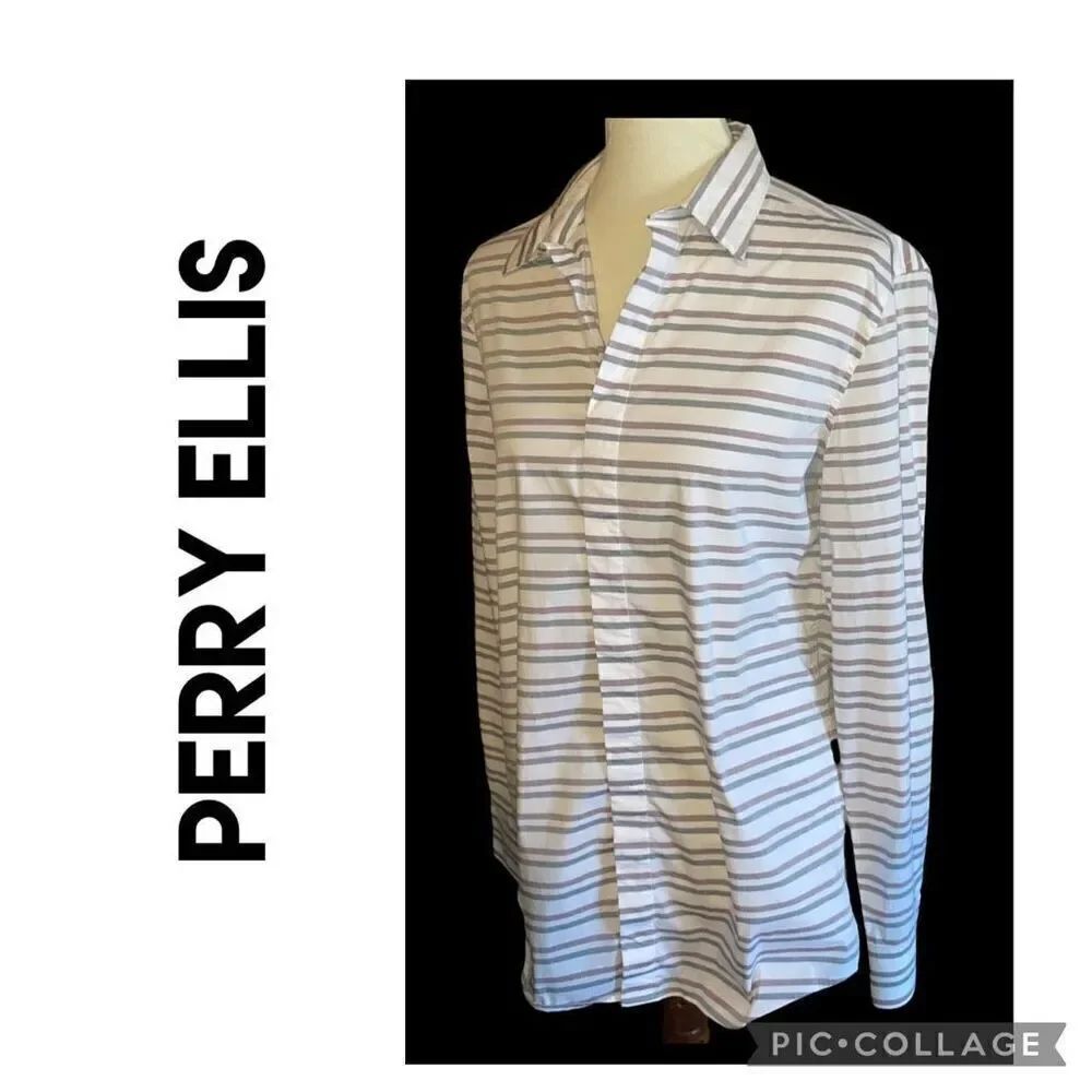 Perry Ellis Slim Fit Stretch Long Sleeve Striped Multi-Color Button Down Shirt S